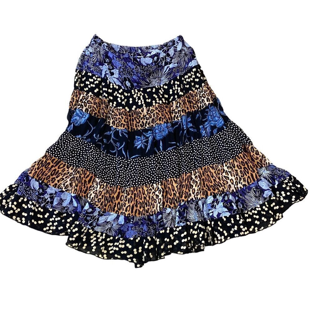 VTG Sarah Arizona BOHO Peasant Eclectic Mixed Print Tiered Skirt Sz M #296A